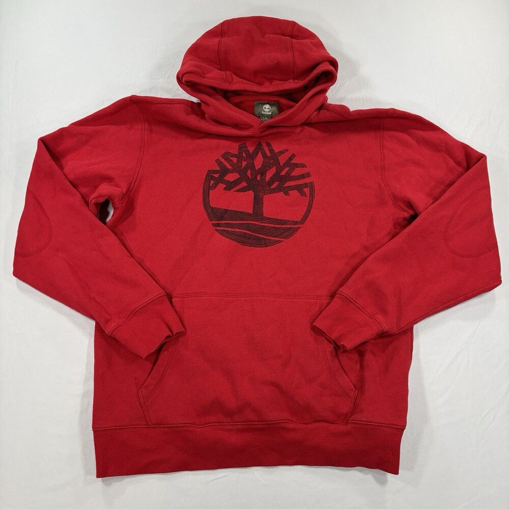 Timberland Essential Tree Logo Hoodie Mens Size L Red Regular Fit Long Sleeve